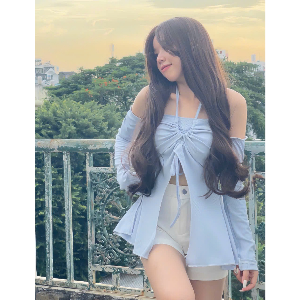 Áo Trễ Vai Cổ Yếm Dây Rút Xẻ Tà Tay Dài