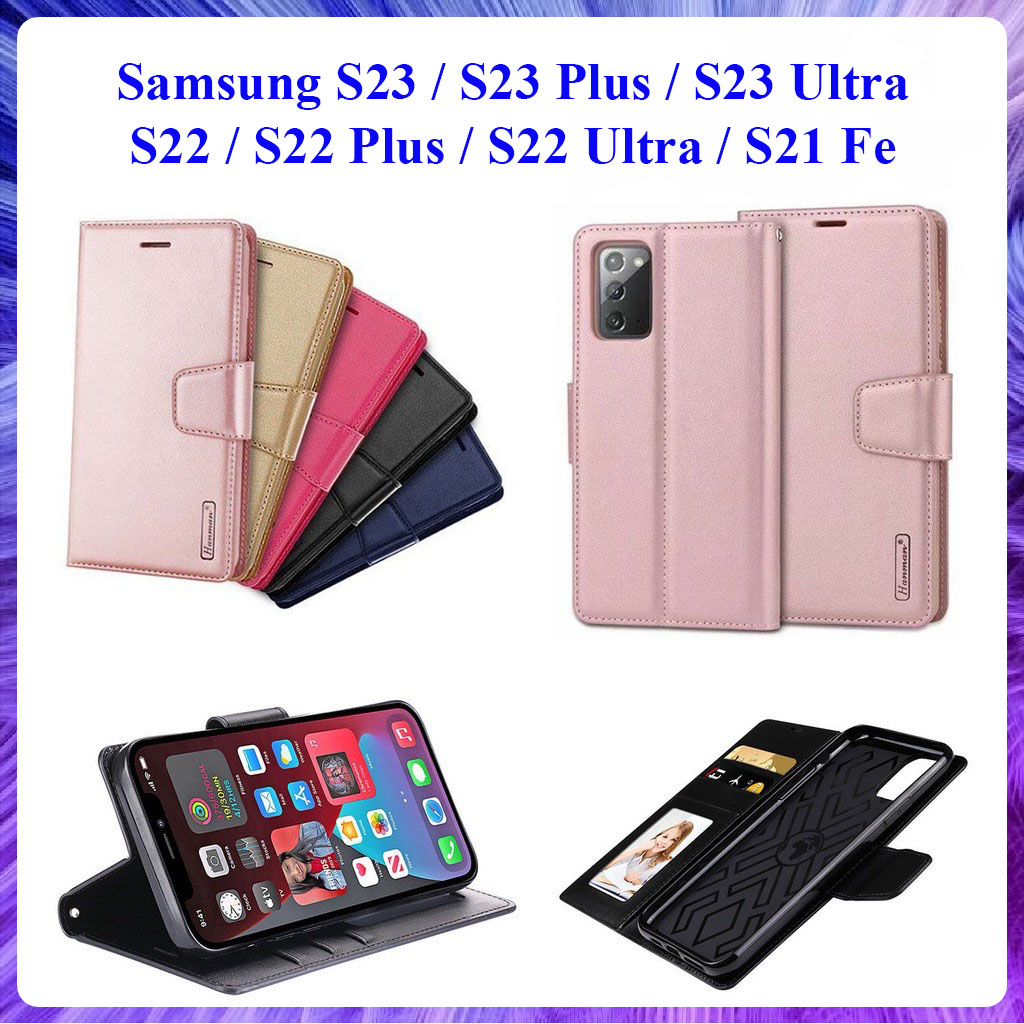 Bao da dạng ví Samsung S23, S23 Fe, S23 Plus, S23 Ultra, S22, S22 Plus, S22 Ultra hiệu Hanman, ngăn đựng thẻ ATM tiền