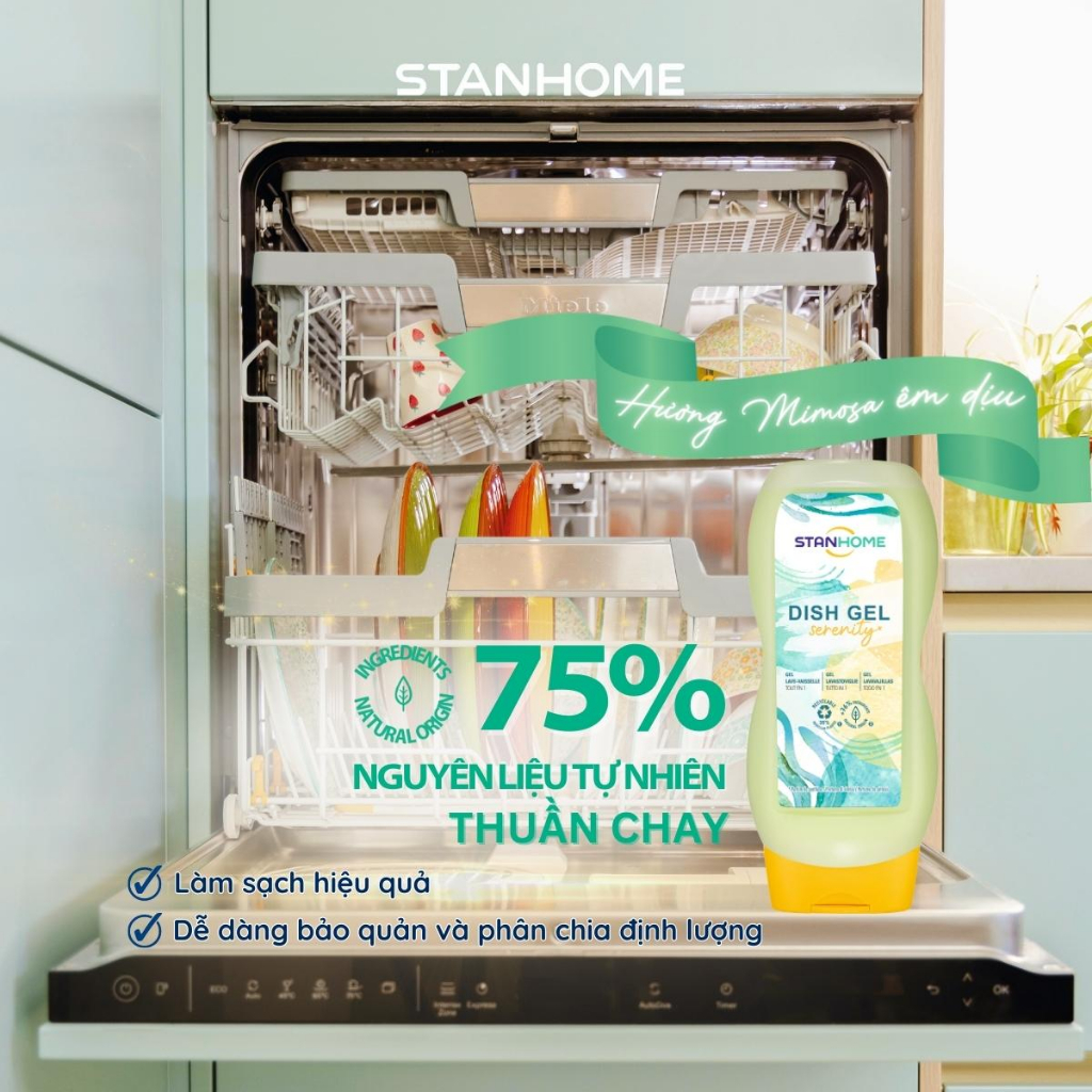 Gel rửa bát chuyên dụng cho máy rửa bát  All in One Stanhome DISH GEL Serenity hương Mimosa, bạc hà 720ML - Limited vers