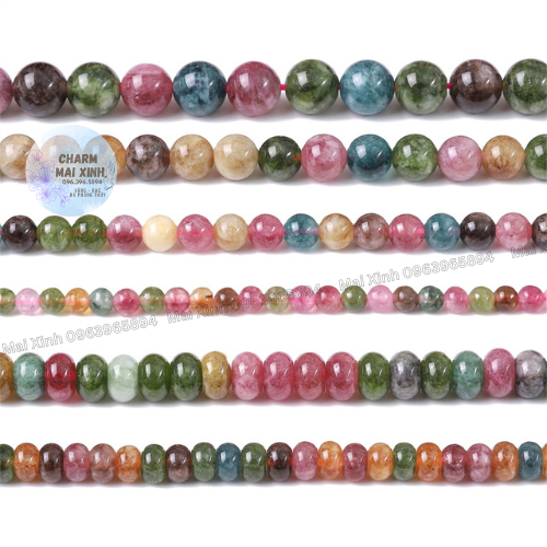 Chuỗi Đá Mã Não Hạt Tròn & Dẹt Bánh Xe Màu Tourmaline - 4mm 6mm 8mm 10mm - Hạt Xâu Charm Phối Vòng Tay Phong Thủy Nam Nữ