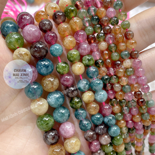 Chuỗi Đá Mã Não Hạt Tròn & Dẹt Bánh Xe Màu Tourmaline - 4mm 6mm 8mm 10mm - Hạt Xâu Charm Phối Vòng Tay Phong Thủy Nam Nữ