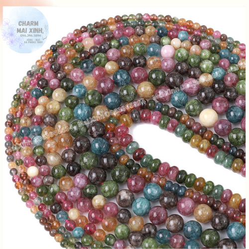 Chuỗi Đá Mã Não Hạt Tròn & Dẹt Bánh Xe Màu Tourmaline - 4mm 6mm 8mm 10mm - Hạt Xâu Charm Phối Vòng Tay Phong Thủy Nam Nữ