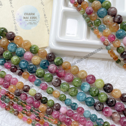 Chuỗi Đá Mã Não Hạt Tròn & Dẹt Bánh Xe Màu Tourmaline - 4mm 6mm 8mm 10mm - Hạt Xâu Charm Phối Vòng Tay Phong Thủy Nam Nữ