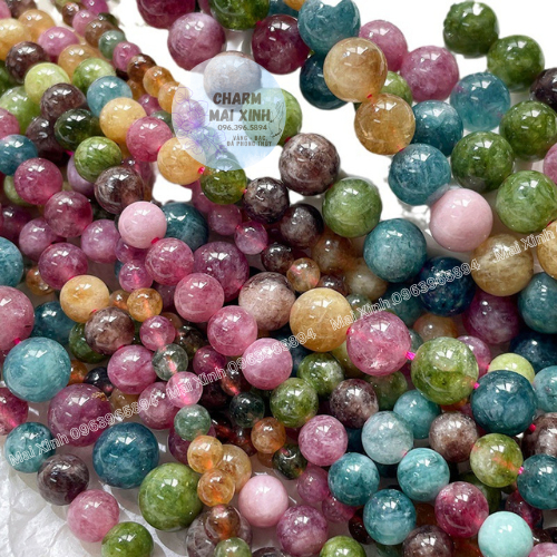 Chuỗi Đá Mã Não Hạt Tròn & Dẹt Bánh Xe Màu Tourmaline - 4mm 6mm 8mm 10mm - Hạt Xâu Charm Phối Vòng Tay Phong Thủy Nam Nữ