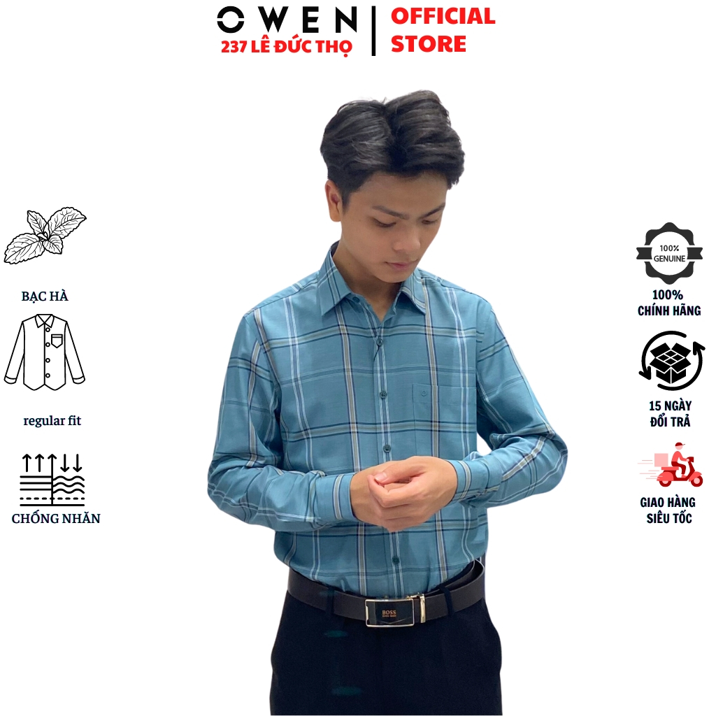 Áo sơ mi nam OWEN AR220813DT somi dài tay công sở caro xanh mint đậm form regular fit tà lượn có túi chất bạc hà cao cấp