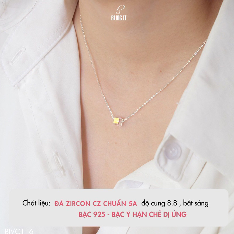 Dây chuyền bạc nữ BLINGIT mặt đá viên pha lê vuông ánh xà cừ nhiều màu lấp lánh - BIVC116