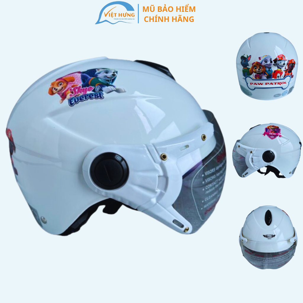Mũ bảo hiểm trẻ em BKtec - BK14 Trắng đội chó - dành cho bé từ 5 đến 10 tuổi, bé nặng dưới 30kg - Vòng đầu từ 52-54cm