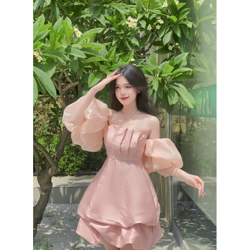 Đầm quả bí tay bồng 2 màu sang chảnh