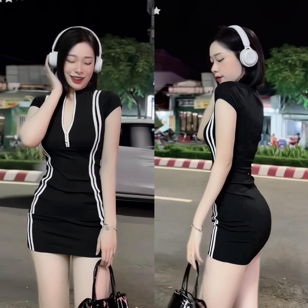 Đầm váy nữ body phối viền sọc cổ sơ mi kéo khóa đen tuyền xinh xắn, quyến rũ cho các nàng diện đi phố, đi chơi