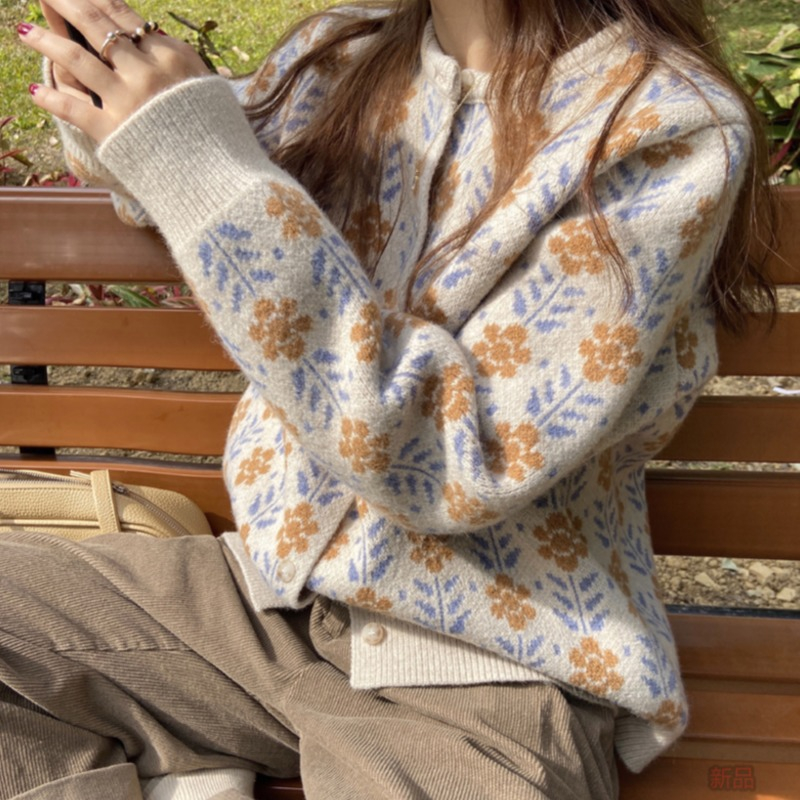Áo cardigan len nữ dệt kim dày dặn tay dài họa tiết hoa vintage sweater cardigan nữ hàn quốc 9926