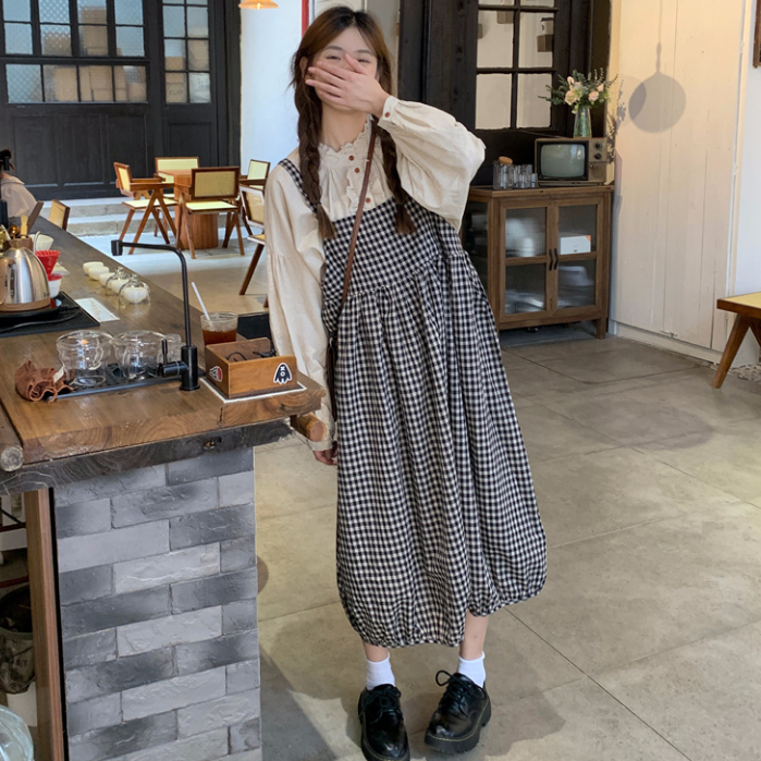 Bộ váy yếm caro mix áo sơ mi cổ tròn form rộng đầm yếm 2 dây mix áo sơmi dây phong cách dễ thương Hàn Quốc 5956
