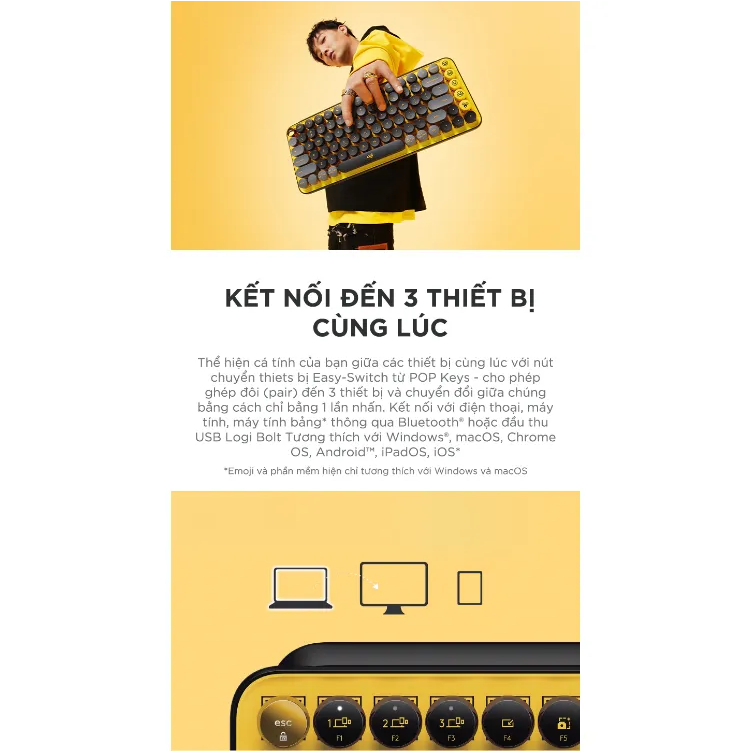 Bàn phím cơ Logitech POP KEYS không dây Bluetooth/USB - phím emoji có thể tùy chỉnh