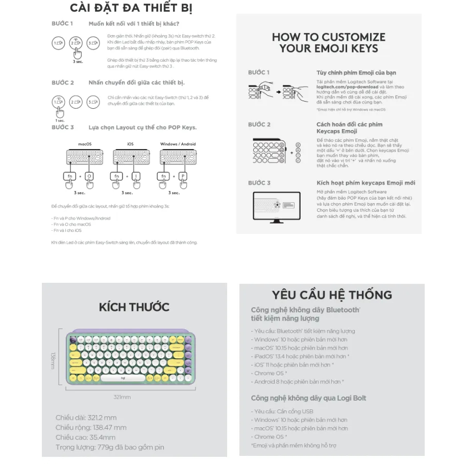 Bàn phím cơ Logitech POP KEYS không dây Bluetooth/USB - phím emoji có thể tùy chỉnh