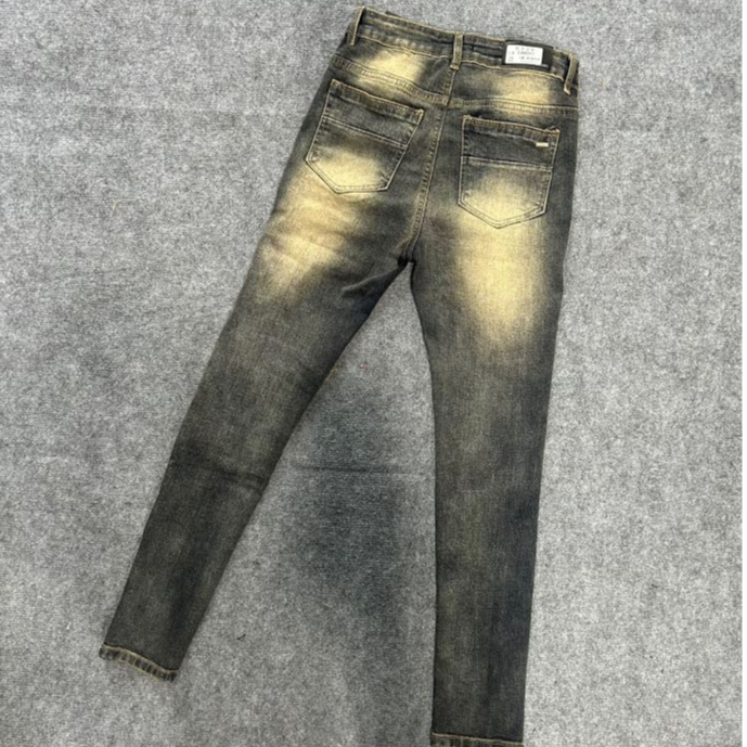 Quần JEAN Đính Đá Xanh Rêu Phối Loang Vàng, Quần bò nam đính đá bản rách xước tua vàng xanh mài hot trend 2023