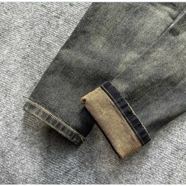 Quần JEAN Đính Đá Xanh Rêu Phối Loang Vàng, Quần bò nam đính đá bản rách xước tua vàng xanh mài hot trend 2023