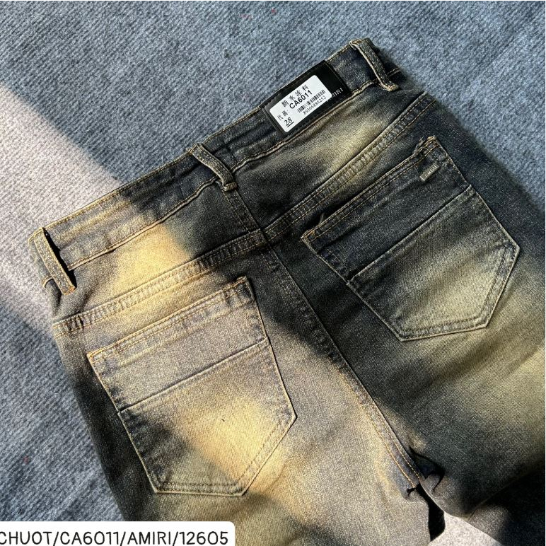 Quần JEAN Đính Đá Xanh Rêu Phối Loang Vàng, Quần bò nam đính đá bản rách xước tua vàng xanh mài hot trend 2023