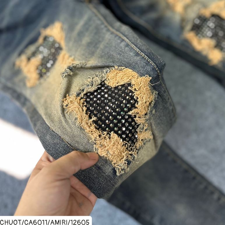 Quần JEAN Đính Đá Xanh Rêu Phối Loang Vàng, Quần bò nam đính đá bản rách xước tua vàng xanh mài hot trend 2023