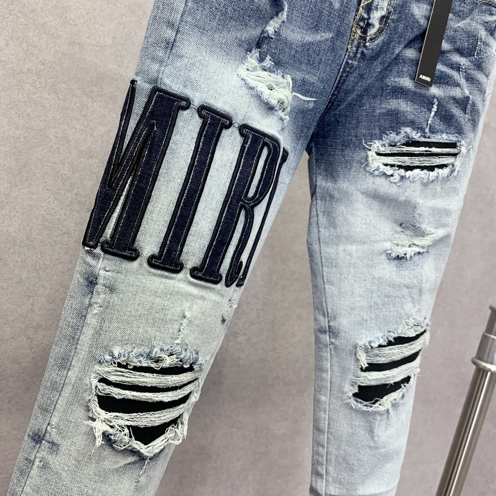 Quần jean nam Amiri slimfit xanh khói rách tua lót vải đen thêu chữ đùi phối ống loang xếp sóng, quần bò nam cực đẹp