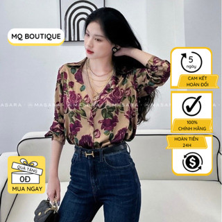 Áo lụa sơ mi dài tay công sở họa tiết hoa hồng nhung cao cấp, áo sơmi họa tiết thiết kế MQ Boutique
