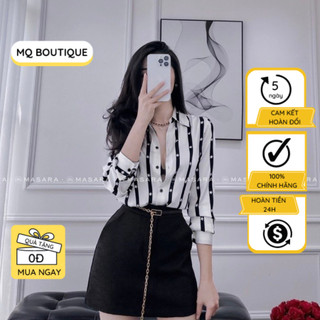 Áo sơ mi lụa dài tay công sở cao cấp họa tiết sao sọc nền trắng sang trọng, áo sơmi họa tiết thiết kế MQ Boutique