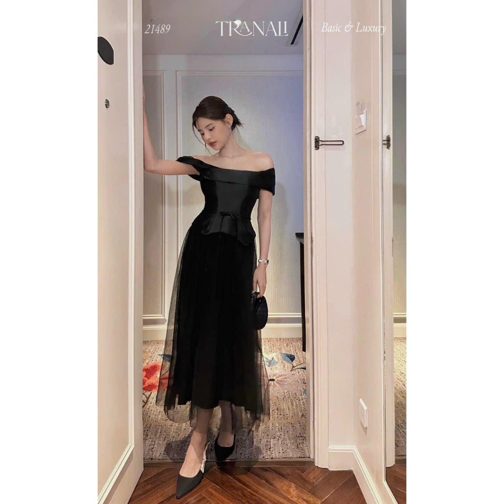 đầm đen midi trễ vai cv lưới xòe