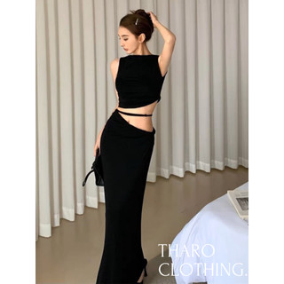 Set áo tank top hở eo + chân váy tăng đưa - tharo clothing