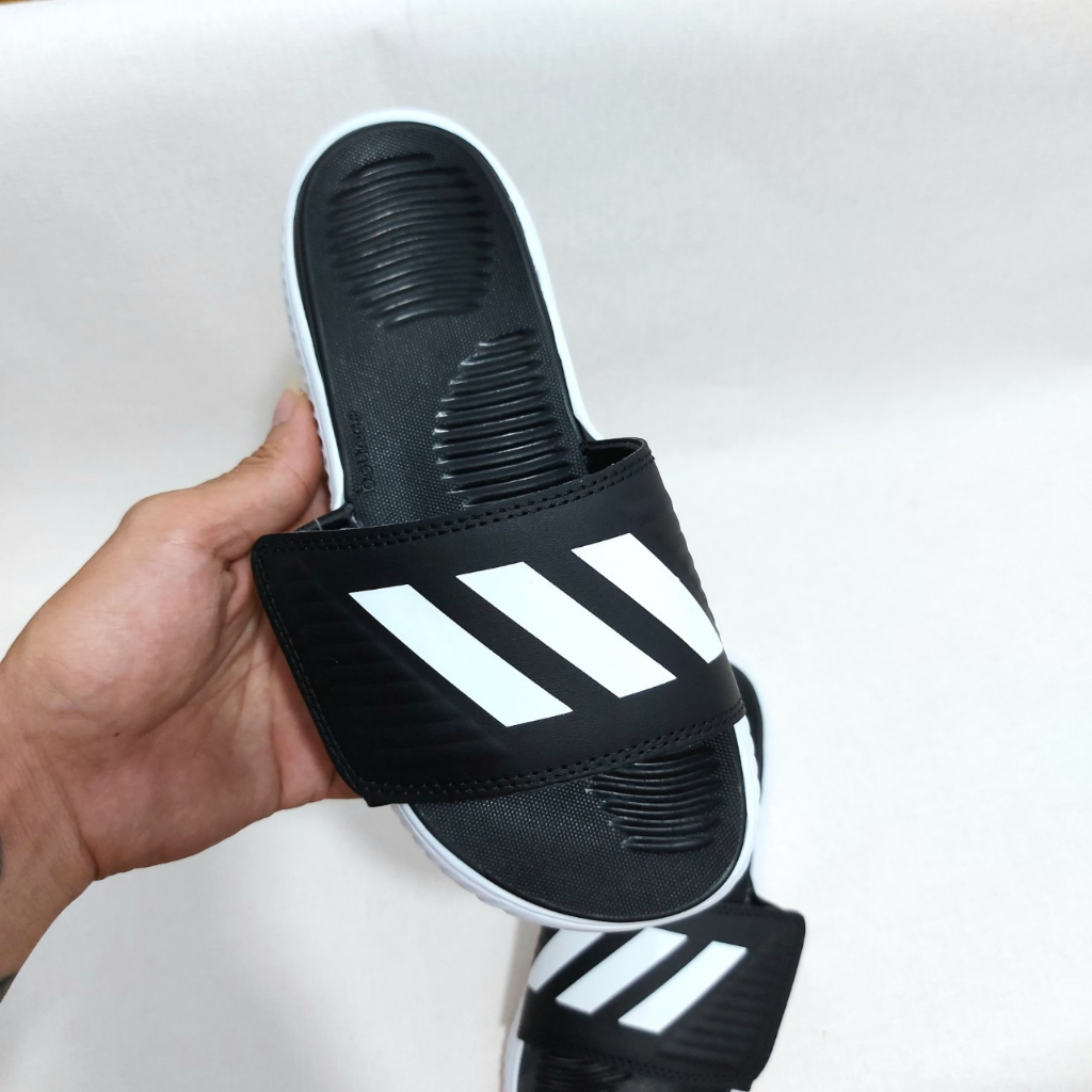 Dép nam adidas alpha sọc trắng đen và in chữ , dép nam nữ adidas trắng đen