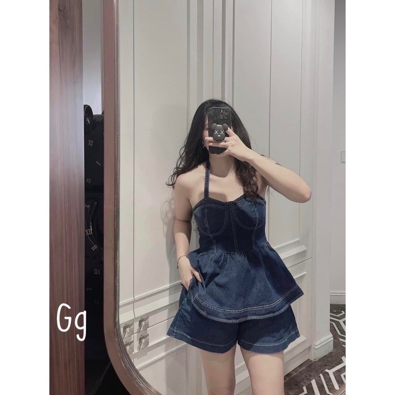 Set Bộ Áo Yếm Jeans Cúp Khuôn Ngực Babidoll Hở Lưng Chun + Quần Short Đùi