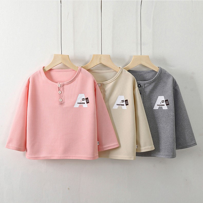 Áo thun dài tay trẻ em vải cotton xốp chống nhăn, xù mẫu mới thu đông 2023