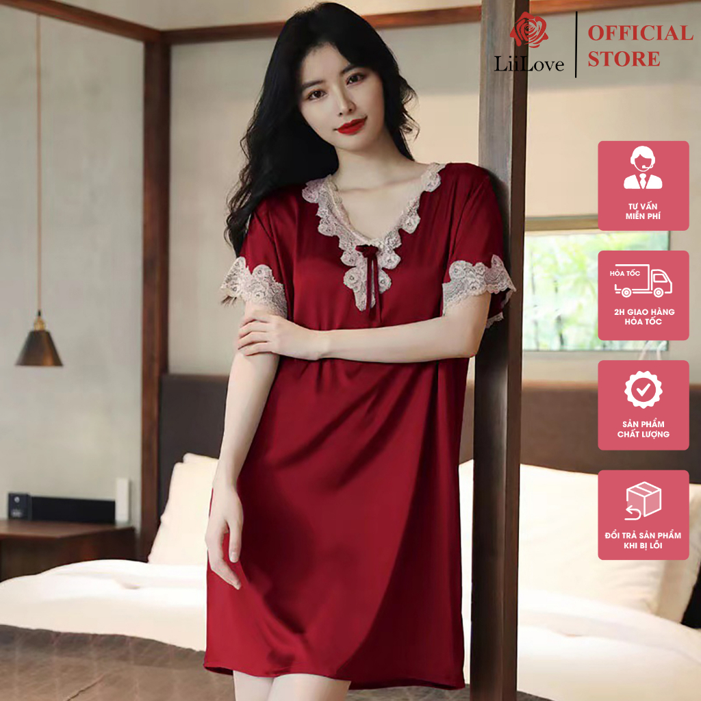 Váy ngủ nữ vải lụa tuyết ngắn tay mùa hè, phối ren sexy mặc đi ngủ VF