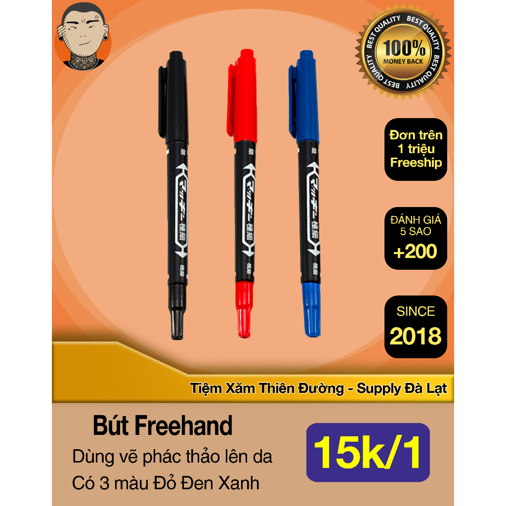 Bút freehand vẽ lên da dùng xăm tattoo hoặc phun xăm có 3 màu Tiệm Xăm Thiên Đường