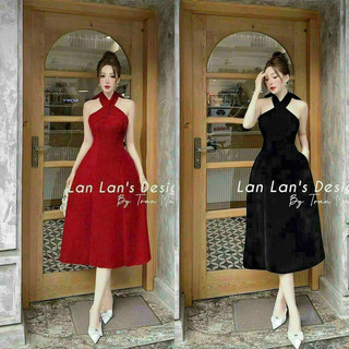 Đầm xoè cổ yếm cột nơ chất nhung siêu sang