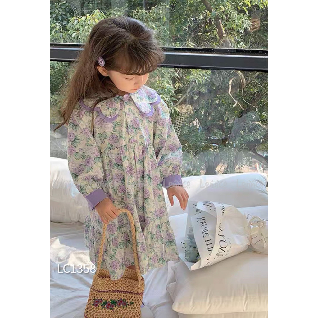 Váy Lennco hoa cổ phối tím cho bé gái