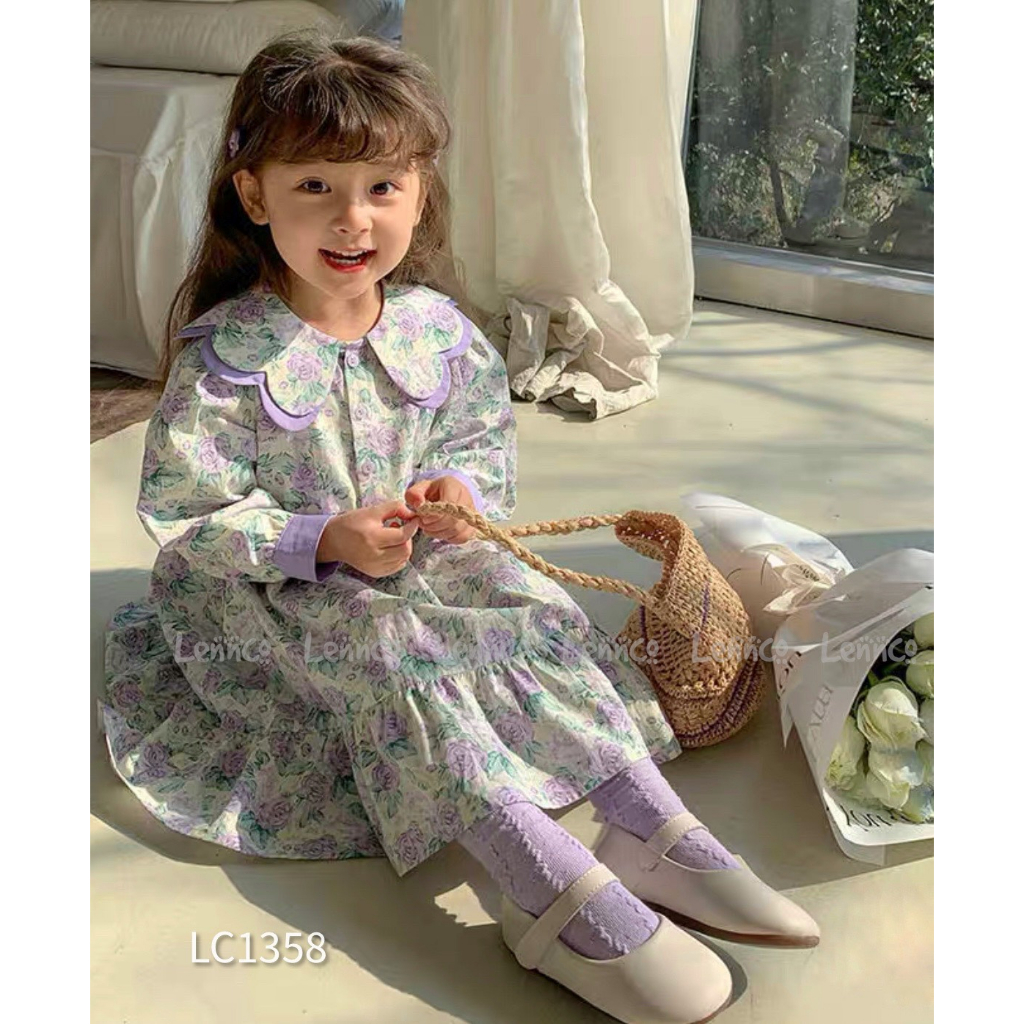 Váy Lennco hoa cổ phối tím cho bé gái