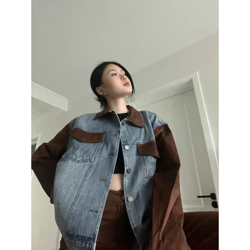 Áo jackt bò phối da lộn