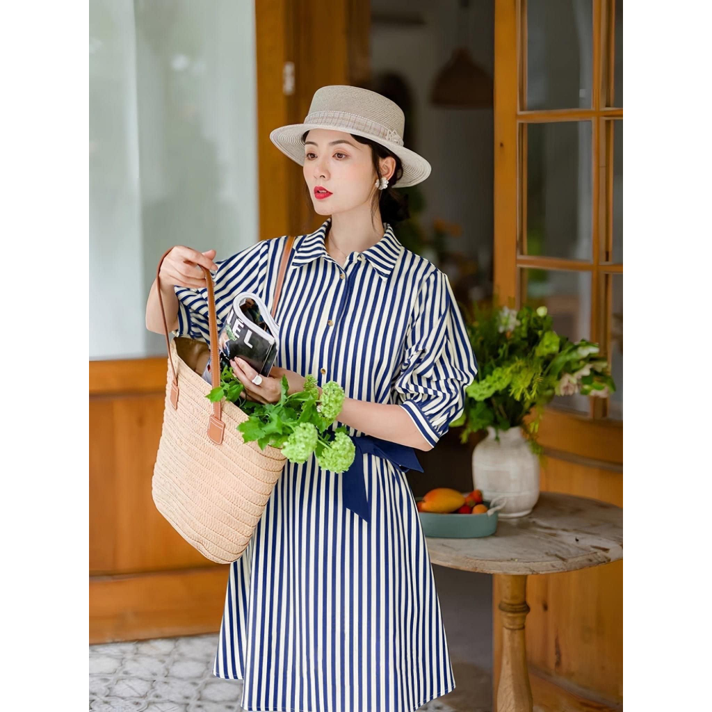Đầm sơ mi kẻ xanh navy kèm belt V2849 Aholic