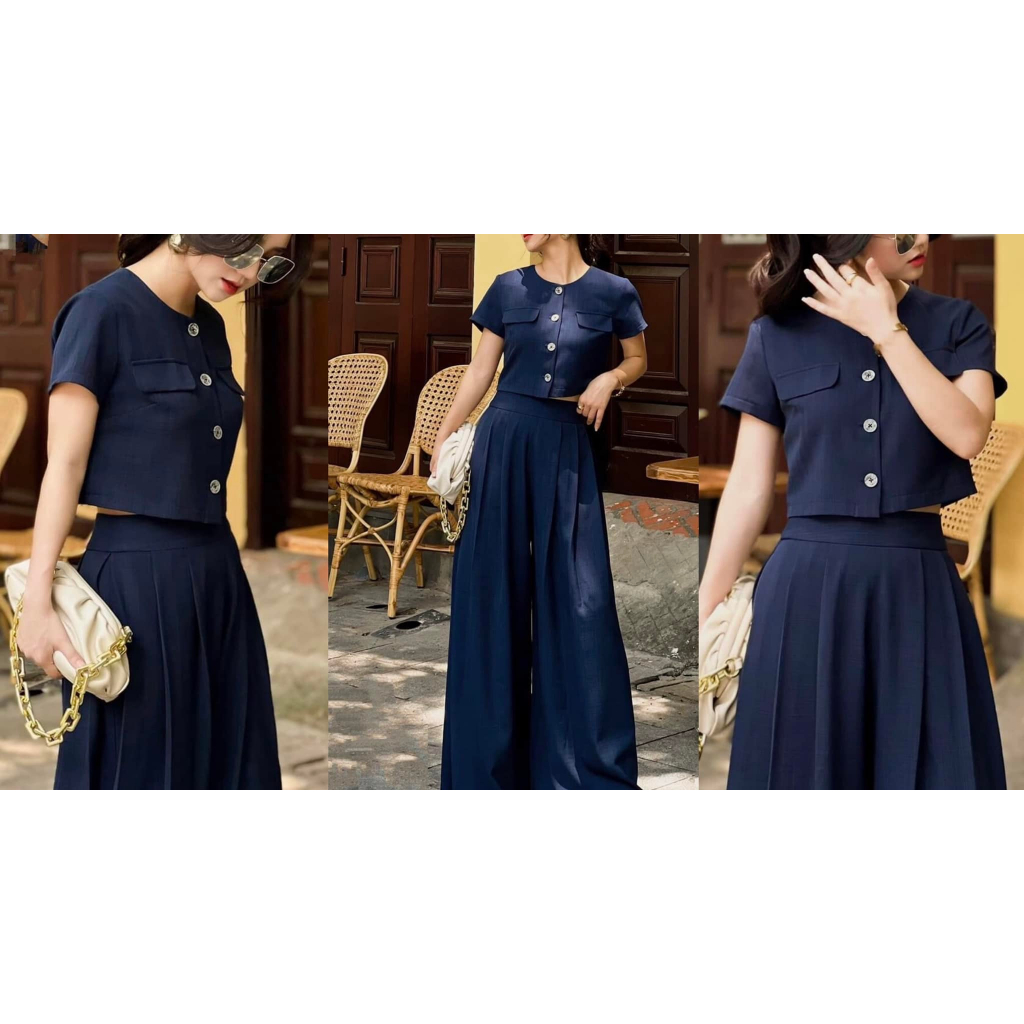 Set navy quần cullote siêu rộng cúc giữa A3191 Aholic