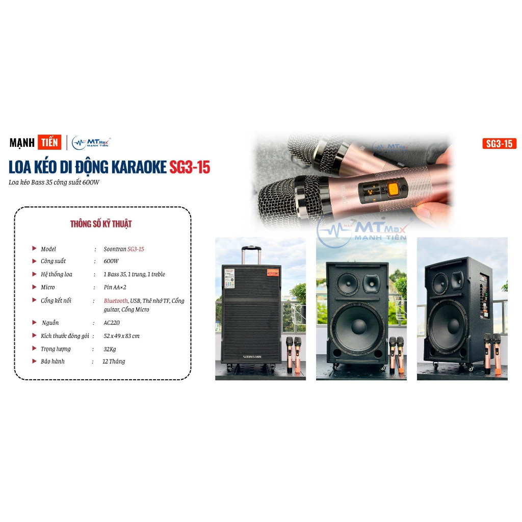 Loa Kéo Karaoke Có Micro Hay Bậc Nhất Soontran SG315 Bass 35cm Công Suất Lớn 600W Tùy Chỉnh Bass, Treble, Echo, Delay
