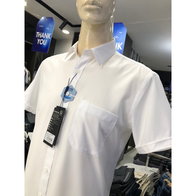 Áo sơ mi trắng owen ngắn tay body fit vạt ngang có túi vải nano AB230320NT
