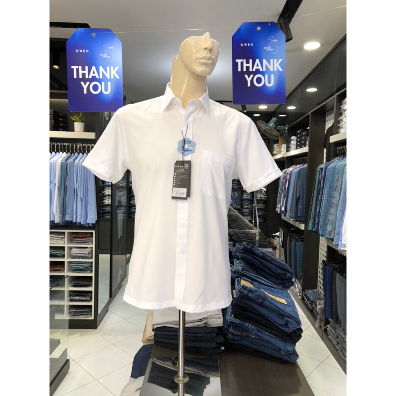 Áo sơ mi trắng owen ngắn tay có túi vải nano regular fit tà lượn AR230317NT và body fit tà bằng AB230320NT