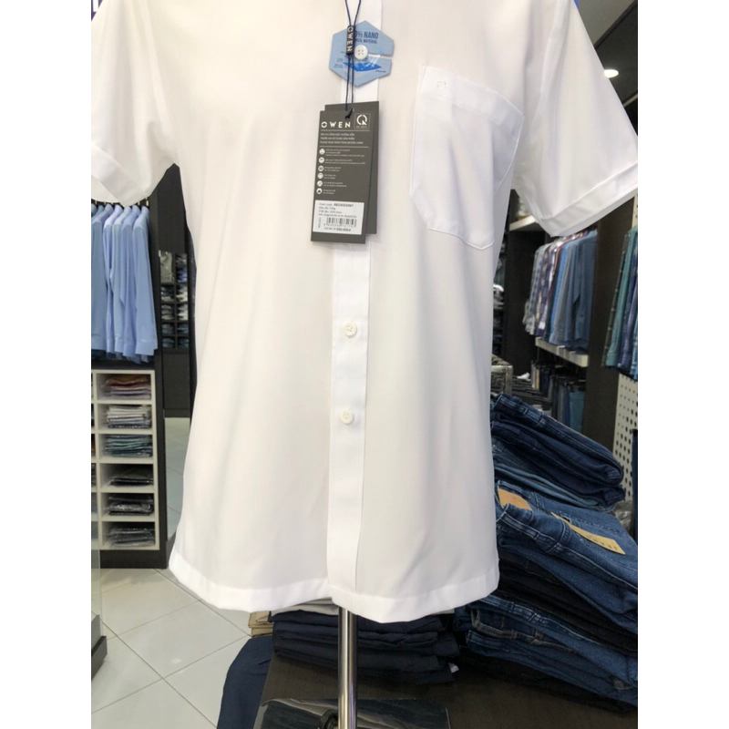 Áo sơ mi trắng owen ngắn tay body fit vạt ngang có túi vải nano AB230320NT