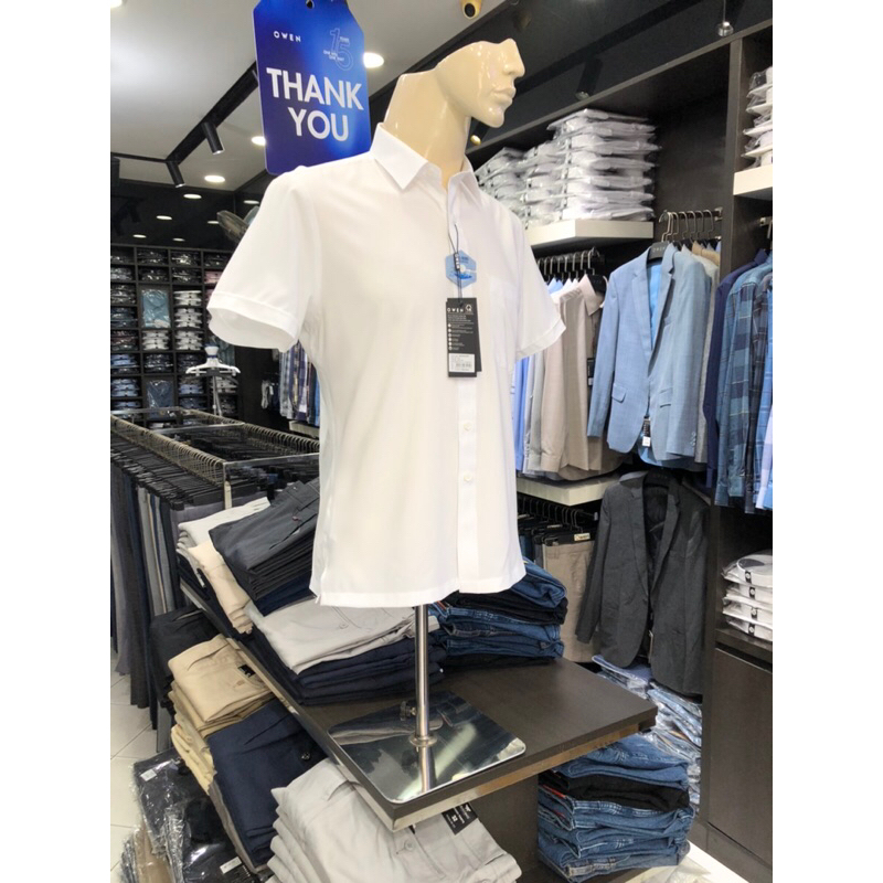 Áo sơ mi trắng owen ngắn tay body fit vạt ngang có túi vải nano AB230320NT