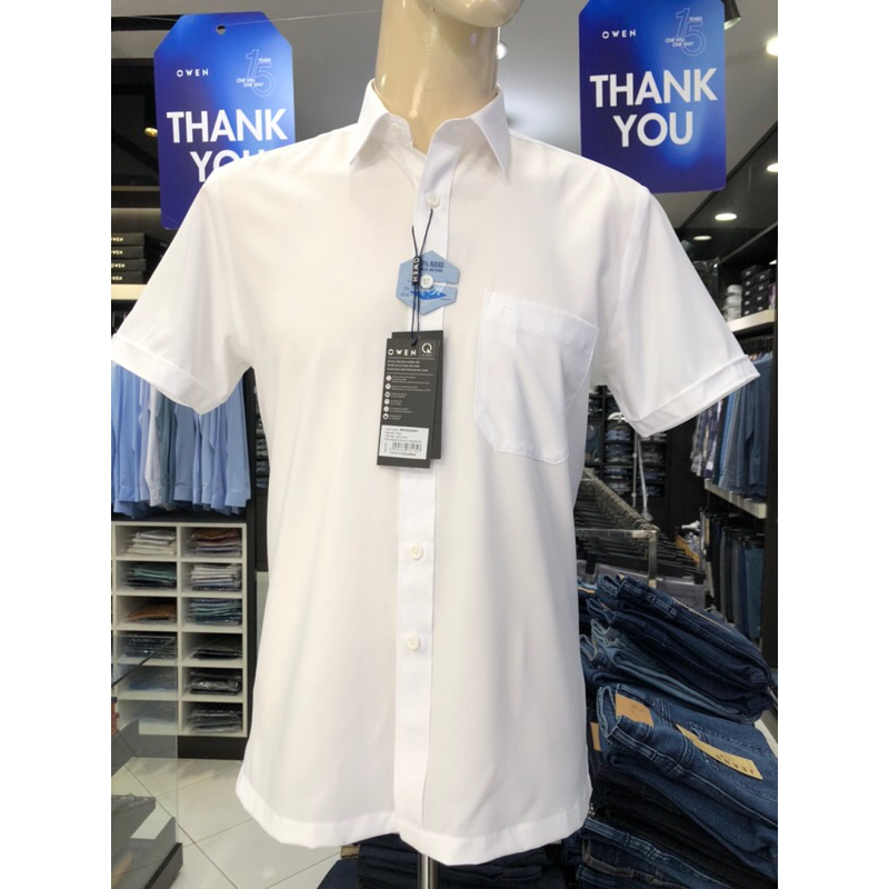 Áo sơ mi trắng owen ngắn tay body fit vạt ngang có túi vải nano AB230320NT