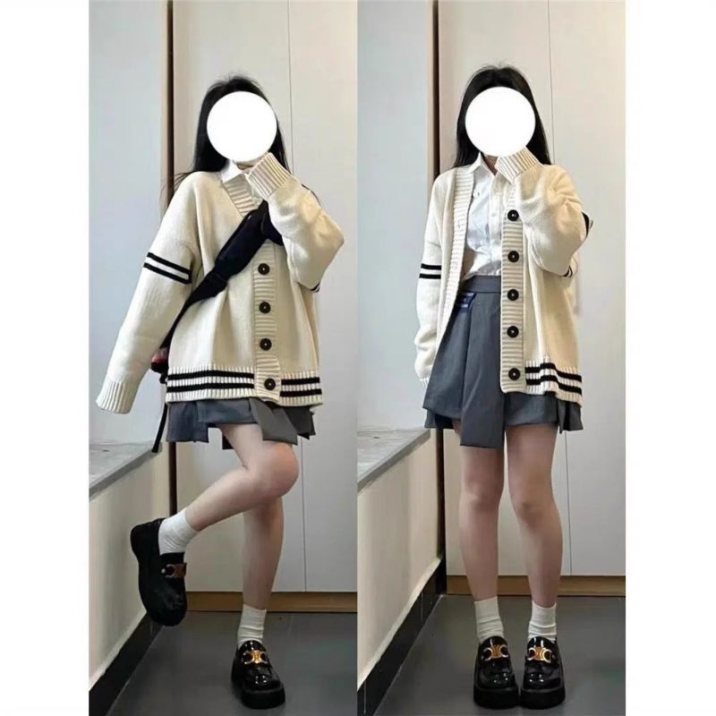 Áo khoác cardigan len màu be kem phối viền kẻ thêu chữ form rộng Quảng Châu 627