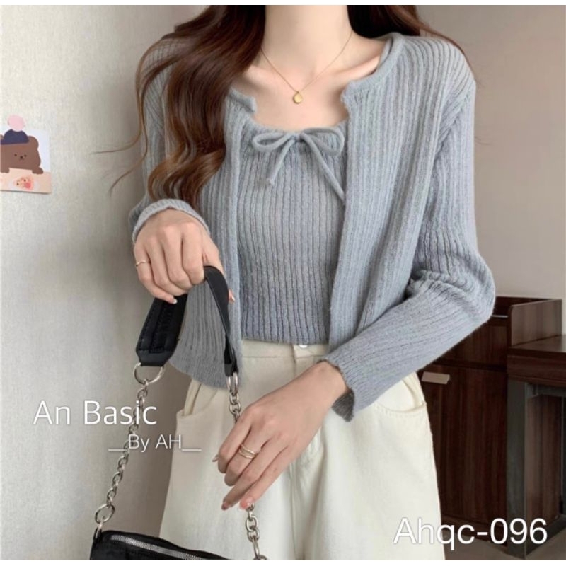 Set 2 món áo len cổ yếm mix nơ ngực kèm áo khoác cardigan croptop ulzzang Hàn Quốc 096