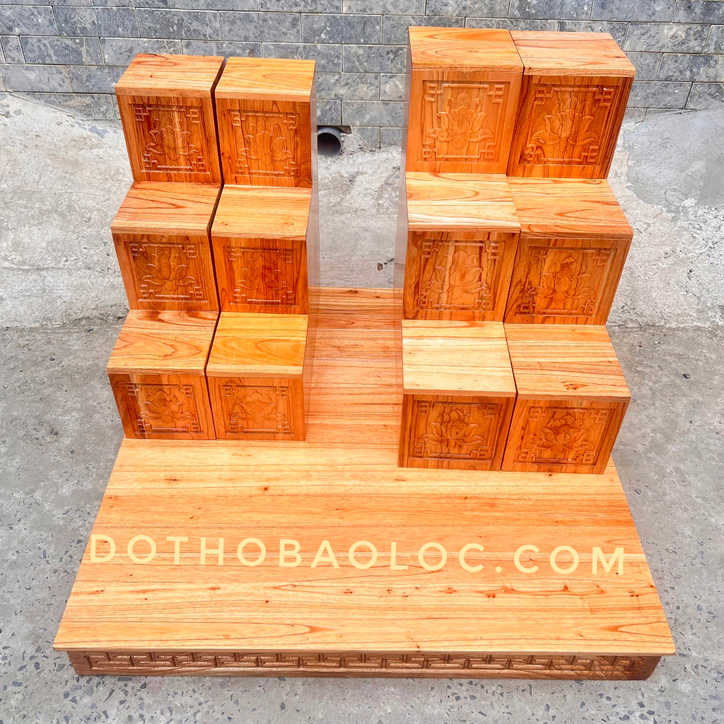 Bục Tam cấp bàn thờ gỗ xoan chạm khắc hoa sen sang trọng 2 cỡ
