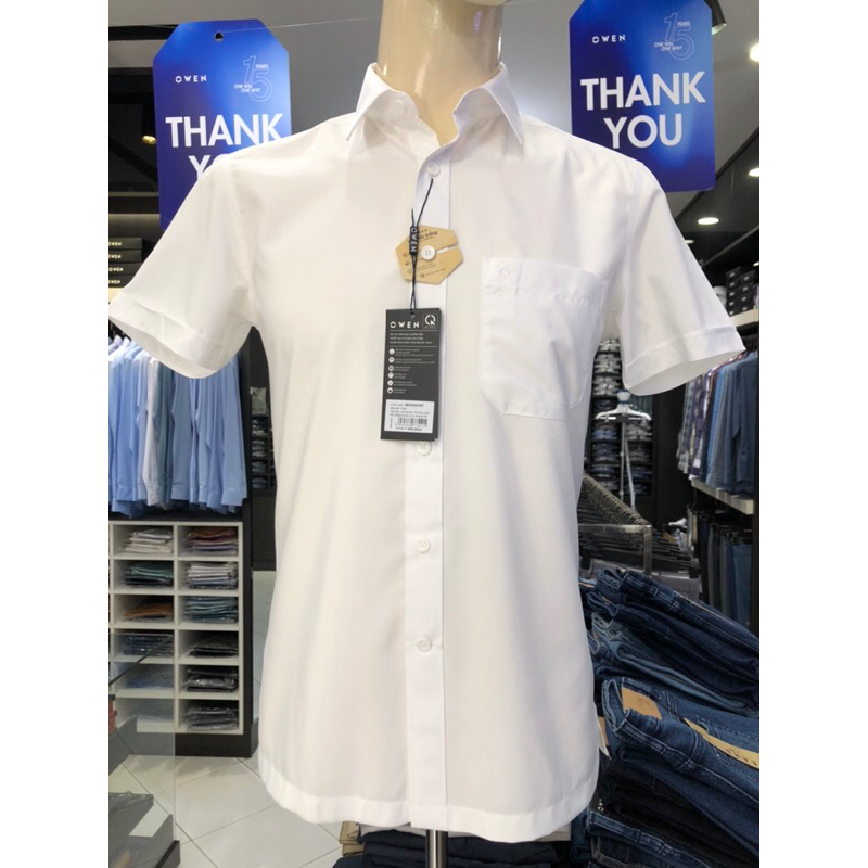 Áo sơ mi trắng owen ngắn tay body fit vạt ngang có túi vải sồi AB230331NT