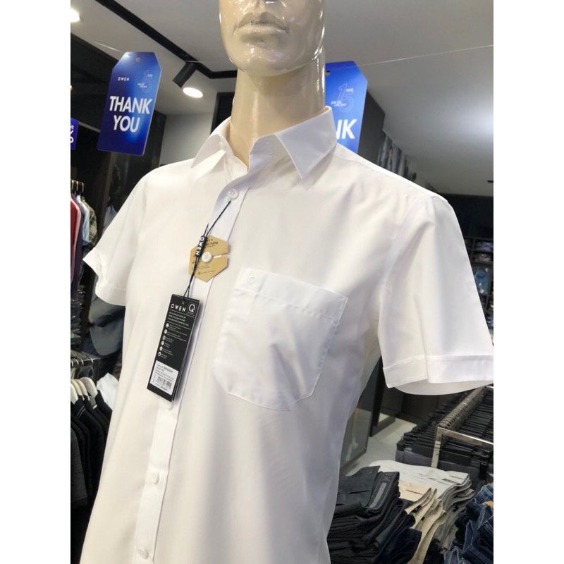 Áo sơ mi trắng owen ngắn tay body fit vạt ngang có túi vải sồi AB230331NT
