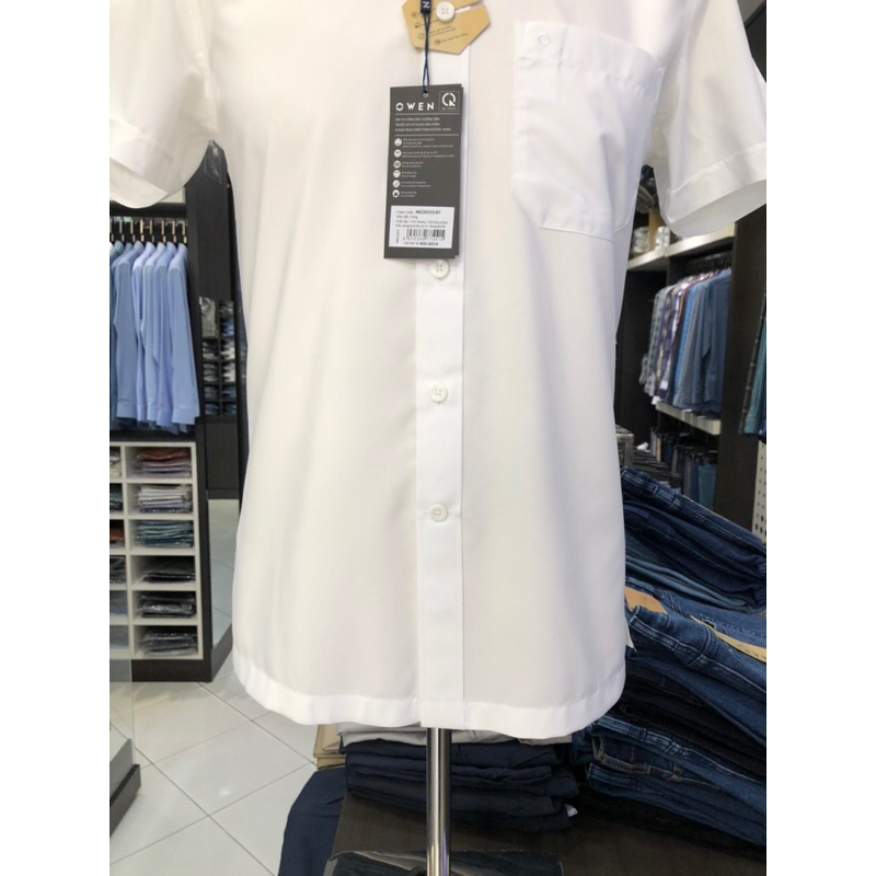 Áo sơ mi trắng owen ngắn tay body fit vạt ngang có túi vải sồi AB230331NT