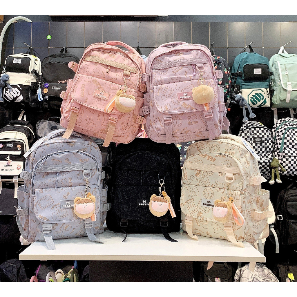 Balo Hoạ tiết KeKemi KK1 kèm móc gấu trắng